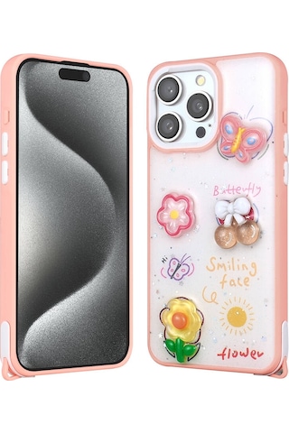 Goocamp Apple iPhone Uyumlu 15 Pro Max Kılıf Parlayan Simli Kabartma Figürlü Cevze Kapak - Pembe Pembe