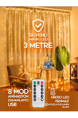 Kumandalı 8 Ayrı Moda Sahip 3x3m 300x300cm Perde Led 10 Saçaklı Sarkıtlı 300 Led Gün Işığı Kalp Askı Sarı