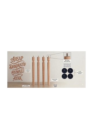 Doğal Ahşap Konik Oymalı Ayak 45 Cm Masa Sandalye Sehpa Ayağı 4' Lü Set Düz Aparat Ve Vida Hediyeli Kahverengi