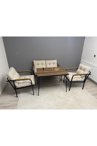 Modern Mars Balkon, Bahçe, Cafe - Metal Kanepe Koltuk Takımı - 2+1+1 + Masa Krem Modernsh34 Krem
