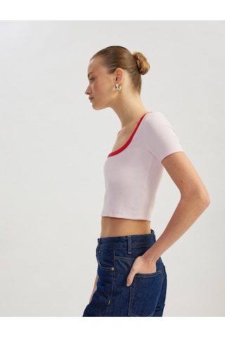 Koton Pamuklu Slim Fit Kontrast Detaylı Kısa Kollu U Yaka Fitilli Crop Tişört Pembe 5sak50342ek Gül