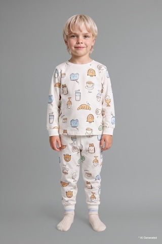 Defacto Baskılı Uzun Kollu Üst Elastik Bel Alt 2li Pijama Takımı Erkek Bebek H6539a526auer233 Ekru-er233