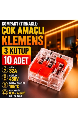 10 Adet Kompakt Tırnaklı Çok Amaçlı Klemens-3 Kutup