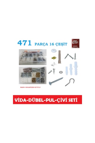 Vida Seti - Dübel-Pul-Çivi-Kanca-Matkap Uçlu Vida 471 Parça Set