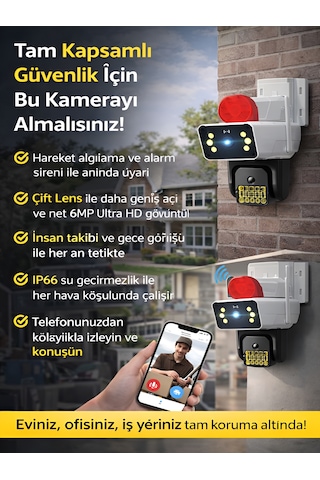 Ip66 Su Geçirmez Wifi Ptz 6mp Full Hd Çift Lens Hareket Sensörlü Alarmlı Ip Kamera Beyaz