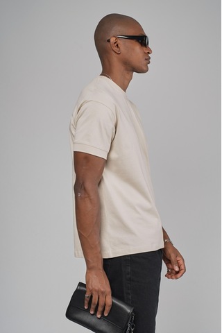King Brich Slim Fit Kalıp Kolu Ribanalı Basic %100 Pamuklu Tişört Bej