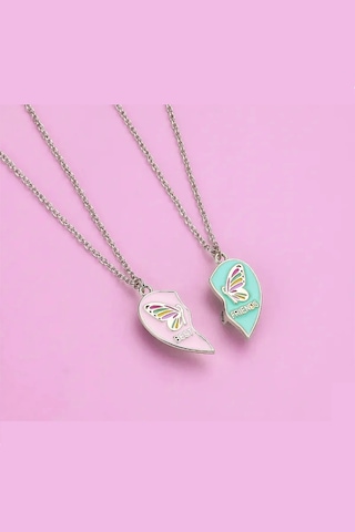 Mıknatıslı 2'li Kolye Kelebekli Kalp Best Friends Kolyesi Çift İk Çok REnkli