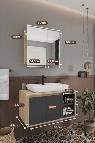 Lale 80 Cm %100 Mdf Lavabolu Banyo Dolabı + Aynalı Dolap Antrasit