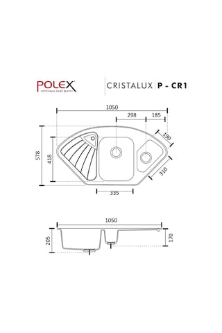 Polex Cristalüx Granit Evye P-CR1 Siyah Tezgah Altı Ve Tezgah Üstü Mutfak Evyesi 104.5x57 CM