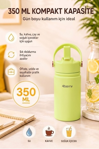 350 Ml Kulplu Pipetli Çelik Termos Bardak Bpa Free, Taşınabilir Mini Termos, Yeşil