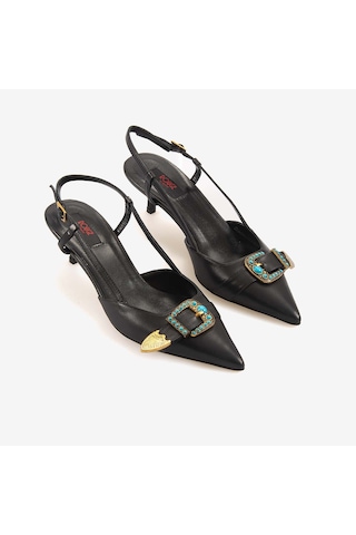 Rouge Kadın Taşlı Toka Detaylı Slingback Sivri Burun 6cm Topuklu Ayakkabı 7124 Siyah