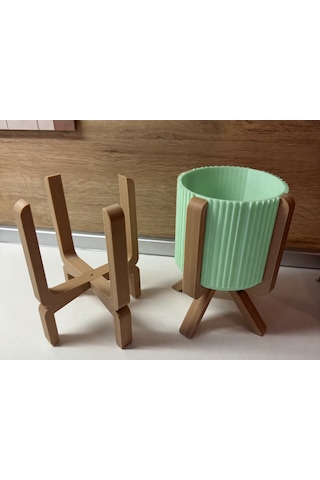 3d Baskı Ayaklı Çizgili Saksı - Bej Standlı Dekoratif Saksı - Mint -