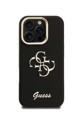 Apple iPhone 16 Pro Max Uyumlu Kılıf Guess  Lisanslı Grained Yazı Logolu Kamera Standlı Kapak Siyah