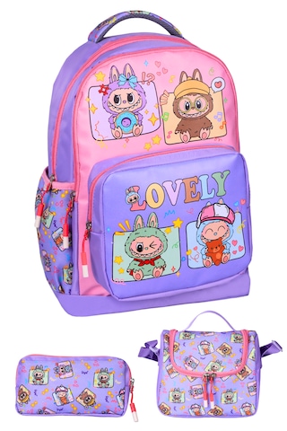 3 Lü İlkokul Labubu Baskılı Lila, Kız Çocuk Beslenmeli Ve Kalemli