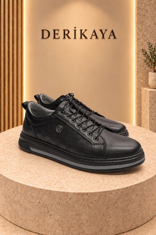 Deri Kaya Erkek Logo Detaylı Bağcıklı Günlük Sneaker Spor Ayakkabı Siyah