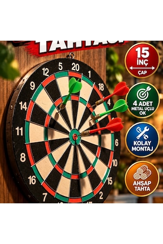 15 İnç Ahşap Dart Tahtası 4 Metal Uçlu Ok Ve Kolay Montaj