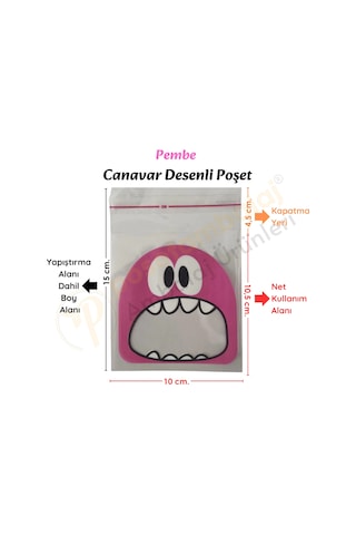 100 Adet Pembe-mavi Renkli Canavar Desenli Cake Pop & Kurabiye Poşeti-10x15 Cm