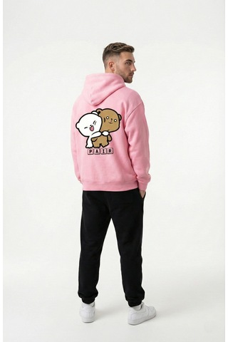 Nevermind Unisex Oversize Ayıcık Baskılı Çift Hoodie Pembe