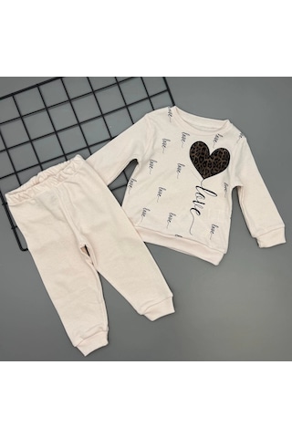 Kız Çocuk Leopar Desenli Kalp Baskılı Alt Üst İkili Gündelik Takım 1-4 Yaş Krem