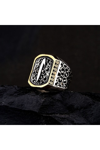 925 Ayar Gümüş Telkari Detaylı Elif İşlemeli Erkek Yüzük Çok Renkli