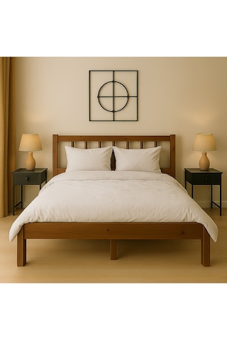 120cm X 200cm Masif Ahşap Yuvarlak Çıtalı Başlıklı Karyola Ceviz Rengi