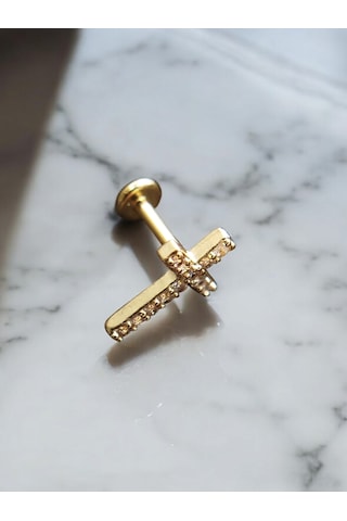 Haç Model Zirkon Taşlı Piercing Helıx Tragus Conch Altın