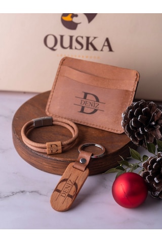 Quska Kişiye Özel İsimli El Yapımı Hakiki Deri Taba Kartlık+anahtarlık+bileklik Set - Grain Minimal Taba