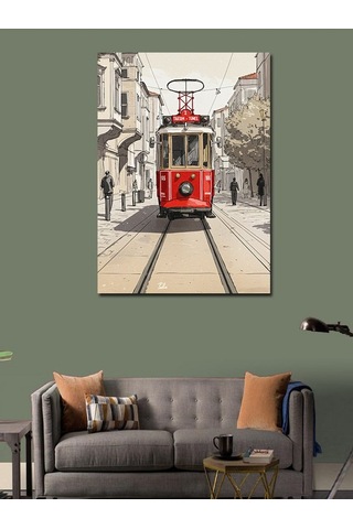 Kanvas Tablo Kırmızı Tramvay Sokak Manzarası 70cmx100cm