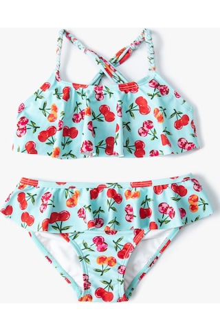 Koton Kirazlı Bikini Seti 2 Parça Fırfırlı Çapraz Askılı Mavi 4skg00006mm Mavi
