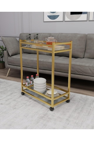 Çok Amaçlı Tekerlekli Sunum Servis Arabası Yan Sehpa Cam Raflı Gold Metal İskeletli Servant Genel