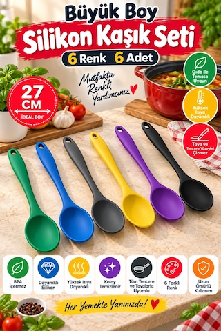6'lı Set Yeşil Mavi Antrasit Sarı Mor Siyah, Büyük Boy Silikon Kaşık Seti 27 Cm Mutfak Servis Kaşığı