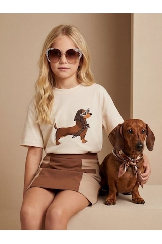 Zekids Kız Çocuk Köpek Baskılı Taş Detaylı Tasarım T-shirt-17187 Krem