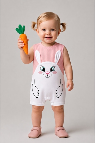 Babyden's Kız Bebek Tulum Yazlık %100 Pamuk Ribana Kolsuz Tavşan Baskılı Çıtçıtlı Bebek Tulumu 0-9 Ay Somon