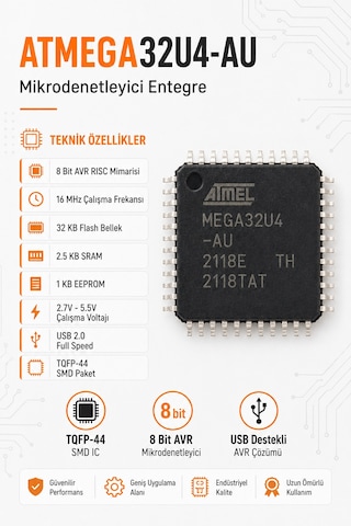 Atmega32u4-au Atmel Microchip Tqfp-44 8 Bit Avr 16mhz Usb Mikrodenetleyici Entegre