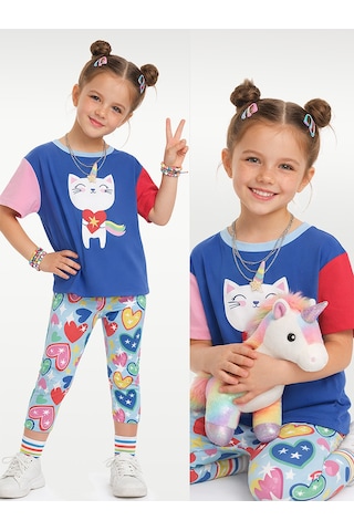 Denokids Unicorn Kedi Kız Çocuk İkili Takım Tayt T-shirt İlkbahar Yaz 2-7 Yaş Çok Renkli