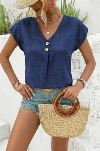 Simala Kadın Kısa Kollu V Yakalı Düğmeli Keten Bluz Mavi