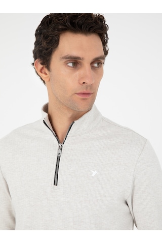 Ekru Regular Fit Pamuk Karışımlı Yarım Fermuarlı Sweatshirt Bej