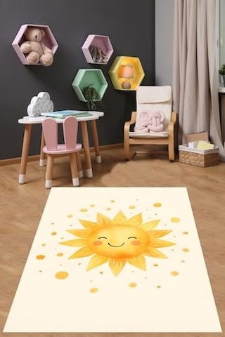 Beyaz Zemin Mutlu Güneş Desenli Yıkanabilir Kaymaz Taban Leke Tutmaz Çocuk Odası Halısı Sarı-bej 80 X 600 Çok Renkli