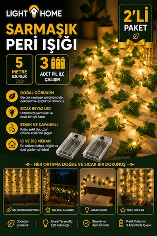 2 Adet Yapay Sarmaşık Led Işık Dekoratif Işıklı Sarmaşık Led Oda Duvar Yatak Odası Parti Yılbaşı Dekoru Her Biri 5 Metre 50 Led Sarı