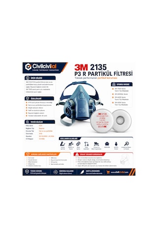3m 7502 Yarım Yüz Maskesi + 3m 2135 P3 Filtre