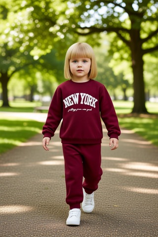 Frm Kız Çocuk Pamuklu New York Baskılı Örme Sweatshirt Ve Eşofman Alt Bordo