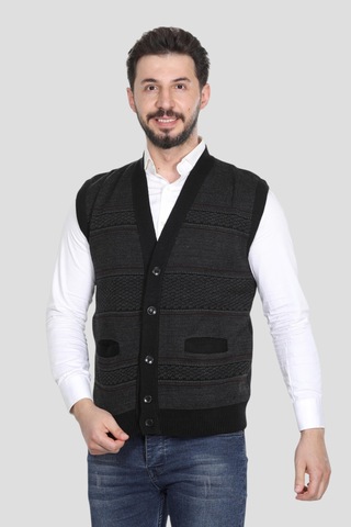 Kzc Tekstil Erkek Baba Orta Yaş Ve Üzeri Triko Örgü Akrilik Kışlık Kalın Dokulu Düğmeli Cepli Baba Yelek Siyah