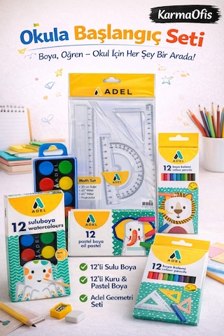 Okula Başlangıç Seti 12 Li Sulu Boya, Kuru Boya, Pastel Boya Ve Geometri Çizim Seti