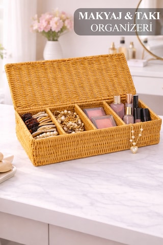 4 Bölmeli Kapaklı Hasır Düzenleyici Kutu - Rattan Örgü Banyo Makyaj Kozmetik Aksesuar Organizeri Diğer