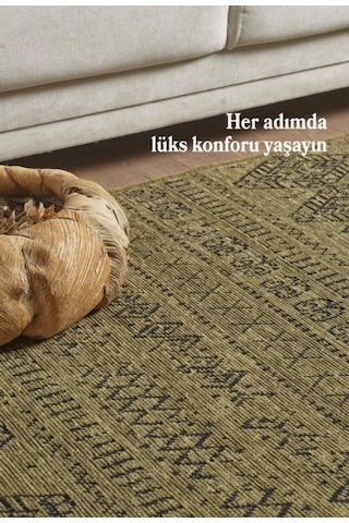 Bohem Tarz Dekoratif Pamuk Taban Şönil Kilim Yeşil Renk Halı