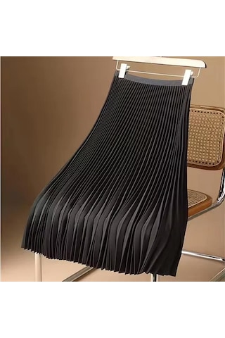 M-4xl Yaz Düz Renk Uzunluk Kadın Midi Pileli Etekler Elastik Yüksek Bel Saten Düz Etek Kore A Kesim Etek Qt2397 Siyah