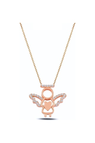 Altın Kalpli Melek Gümüş Kolye Rose Gold