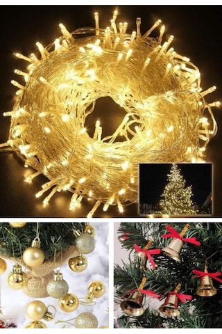 Özel 3 Lü Yılbaşı Seti 12 Li Gold Yılbaşı Ağacı Topu 12 Adet Çam Ağacı Çanı 10 Metre Peri Led Işık Çok Renkli