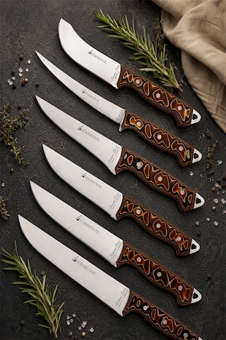 Sürmene Serisi 6 Lı Mutfak Bıçak Seti Kahve Verzalit Sap Et Ekmek Sebze Salata Fileto Şef Bıçağı Mft-028 Kahverengi