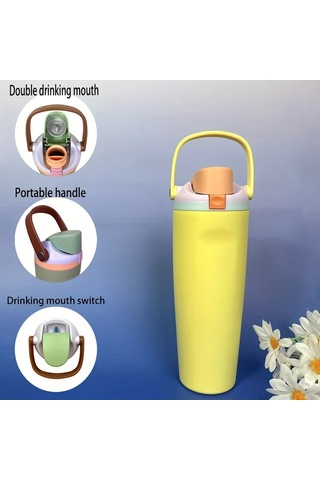 Brightnova Style 5 30oz 900ml Paslanmaz Çelik Termos Matara Spor Seyahat Taşınabilir Çift Kulplu 07 Beyaz